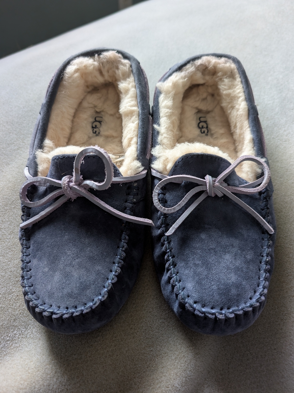 UGG Dakota Navy Suede Shearling Moccasin Slippers